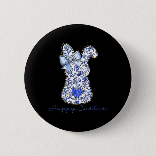 Macaron Rond 5 Cm Blue Floral Toile Chinoiserie Bunny Easter For Gir (Devant)