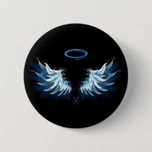 Macaron Rond 5 Cm Blue Glowing Angel Wings on black background