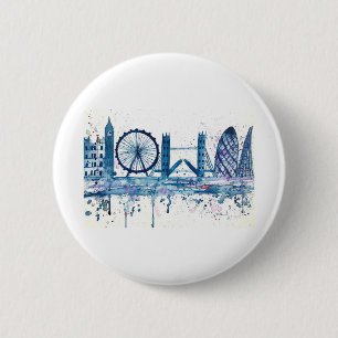 Macaron Rond 5 Cm Blue London skyline Angleterre aquarelle moderne