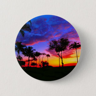 Macaron Rond 5 Cm Blue Red Sunset Exotic Hawaiian Beach Palm Trees