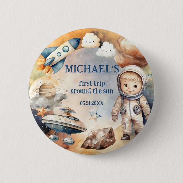 Macaron Rond 5 Cm Blue Space Premier Voyage Autour Du Soleil Anniver (Devant)