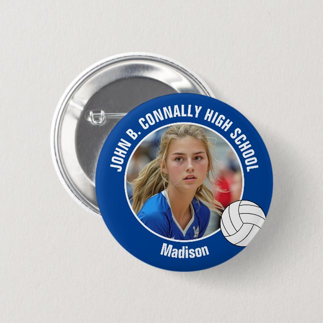 Macaron Rond 5 Cm Blue Volleyball Player Photo High School Spirit (Devant & derrière)