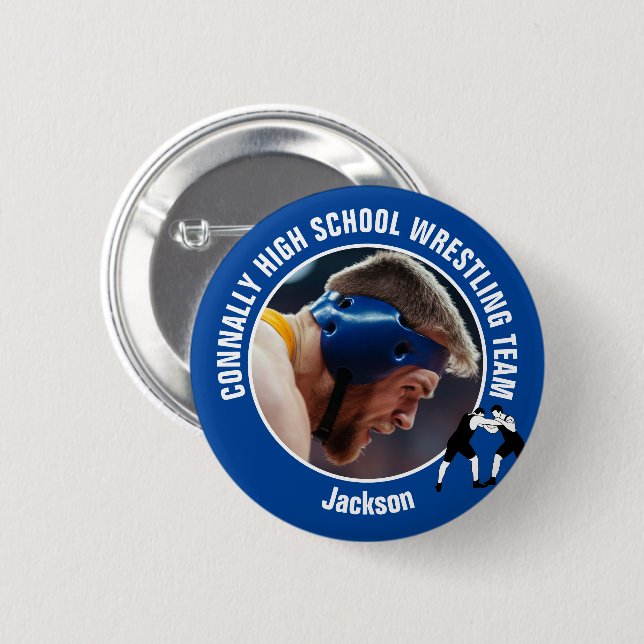 Macaron Rond 5 Cm Blue Wrestling Team Photo High School Wrestler (Devant & derrière)