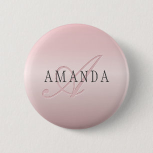 Macaron Rond 5 Cm Blush Élégant Faux Or Rose Nom & Monogramme