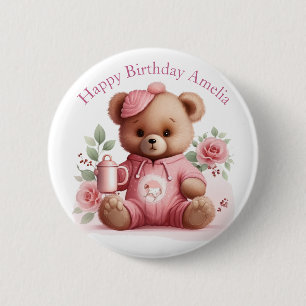 Macaron Rond 5 Cm Boho Fille Ourson Rose Fleur Anniversaire