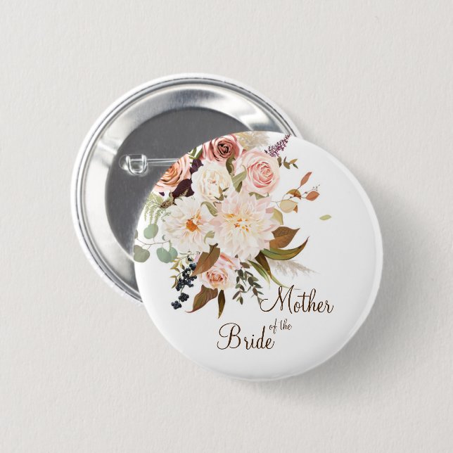 Macaron Rond 5 Cm Boho Soft Coloured Rose/White Flowers Mariage (Devant & derrière)