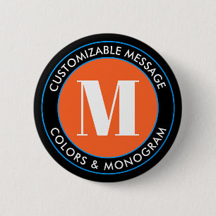 Macaron Rond 5 Cm Bold Monogram & Text   Black White Orange & Blue