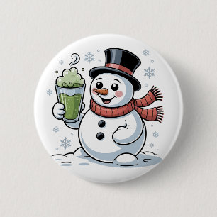Macaron Rond 5 Cm Bonhomme de neige tenant un verre de matcha Noël 