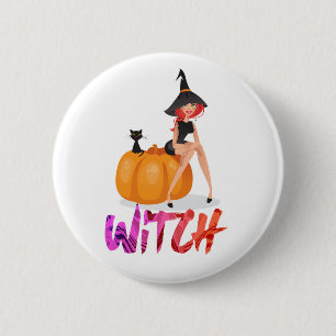 Macaron Rond 5 Cm Bonne sorcière d'Halloween sur Citrouille