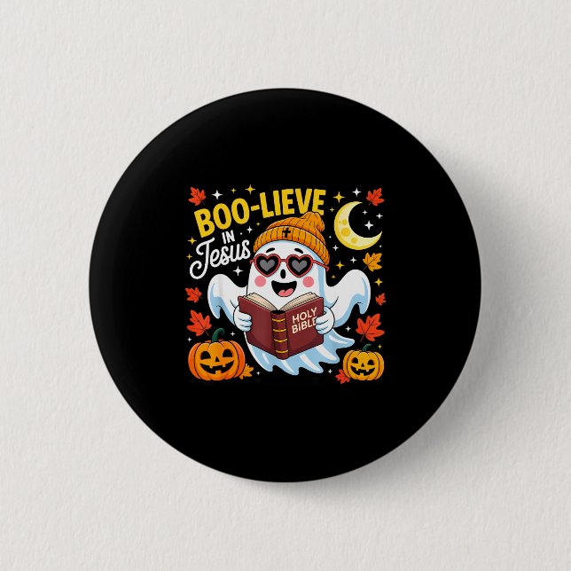 Macaron Rond 5 Cm Boo-lieve In Jesus Ghost Christian Halloween Funny (Devant)