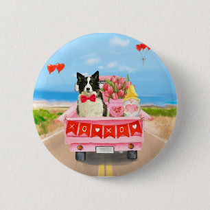 Macaron Rond 5 Cm Border Collie Chien Saint-Valentin Camion Cœurs