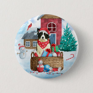 Macaron Rond 5 Cm Bordure Collie Chien dans la neige Maison de Chien