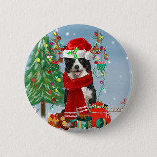 Macaron Rond 5 Cm Bordure Collie chien dans Neige avec cadeaux de No