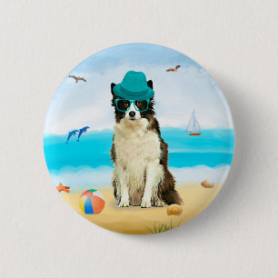 Macaron Rond 5 Cm Bordure Collie Chien sur l'oreiller de plage