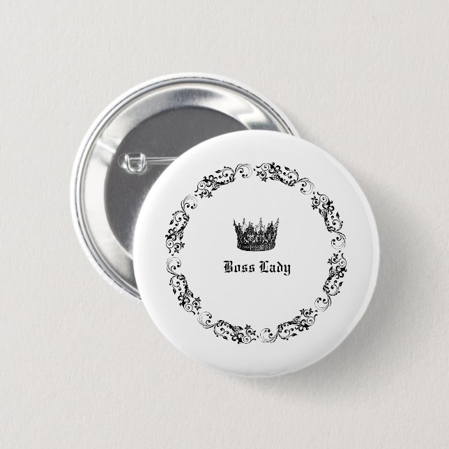 Macaron Rond 5 Cm Boss Lady Elegant Crown noir et blanc (Devant & derrière)