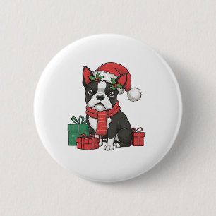Macaron Rond 5 Cm Boston Terrier Chien Noël Fêtes de Noël Père Noël