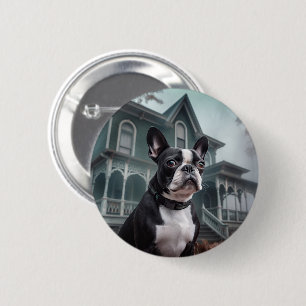 Macaron Rond 5 Cm Boston Terrier Halloween effrayant