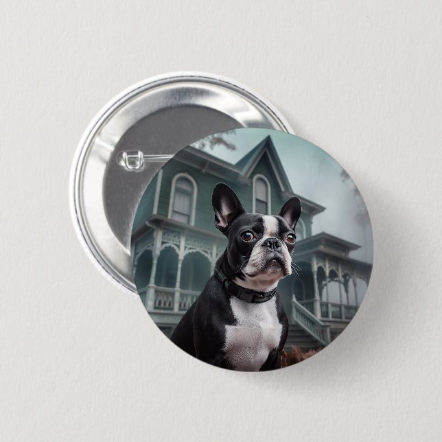 Macaron Rond 5 Cm Boston Terrier Halloween effrayant (Devant & derrière)