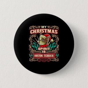 Macaron Rond 5 Cm Boston Terrier Mon esprit de Noël Chien Père Noël