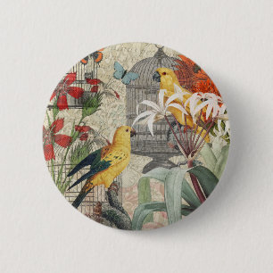 Macaron Rond 5 Cm Botanique Vintage Oiseaux Nature Tropical Antique