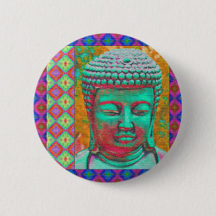 Macaron Rond 5 Cm Bouddha Pop avec des bordures en Patchwork en bleu