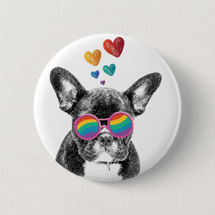 Macaron Rond 5 Cm Bouledogue français avec coeurs Saint-Valentin