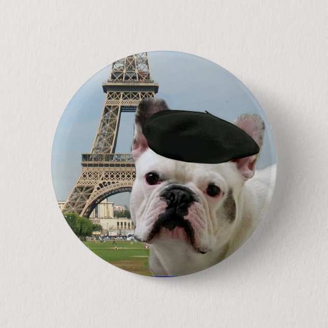 Macaron Rond 5 Cm Bouledogue français dans le bouton de Paris (Devant)
