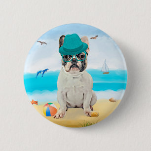 Macaron Rond 5 Cm Bouledogue français sur la plage