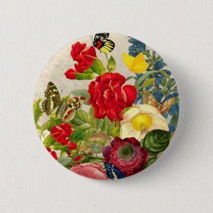 Macaron Rond 5 Cm Bouquet de fleurs vintages aux papillons