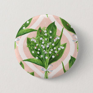 Macaron Rond 5 Cm Bouquet de lys de la vallée fleurs sur rose