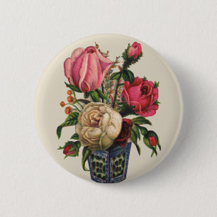 Macaron Rond 5 Cm Bouquet de roses à fleurs de style victorien rose