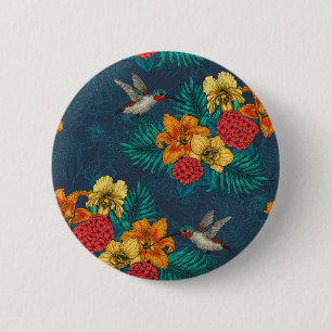 Macaron Rond 5 Cm Bouquet et colibris tropicaux