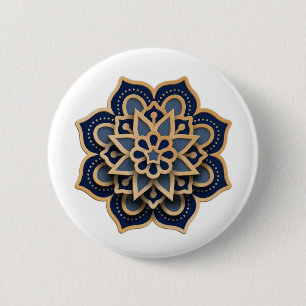 Macaron Rond 5 Cm Bouton à motif Mandala - Bleu Nuit & 