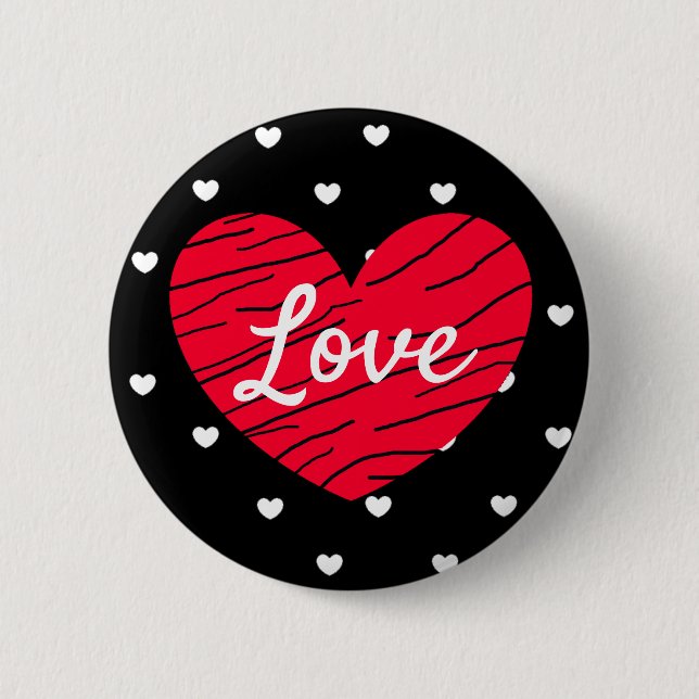 Macaron Rond 5 Cm Bouton Amour Coeurs Noir, Rouge et Blanc (Devant)