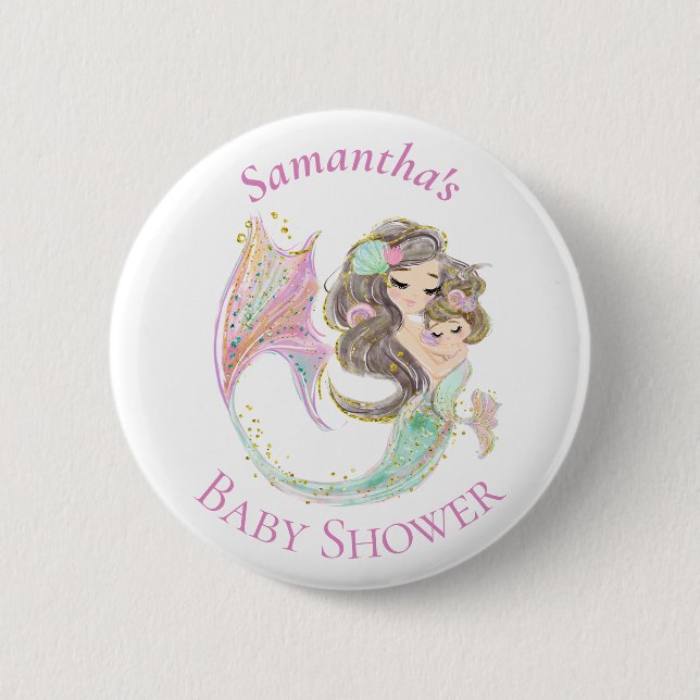 Macaron Rond 5 Cm Bouton Baby shower blanc rose sirène (Devant)