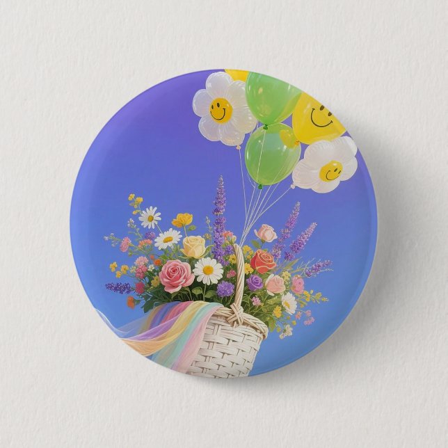 Macaron Rond 5 Cm Bouton Ballons et Panier à fleurs - Billet cadeau  (Devant)