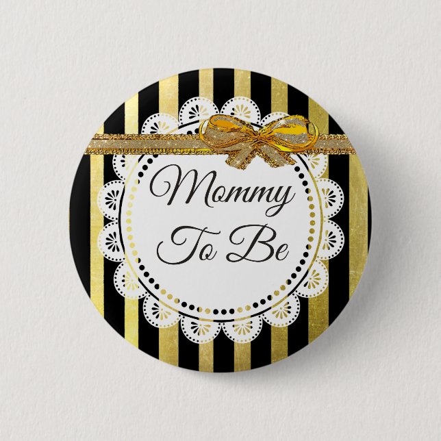 Macaron Rond 5 Cm Bouton Black and Gold Striped Mommy to Be (Devant)