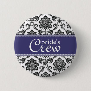 Macaron Rond 5 Cm Bouton bleu Damask Bride's Crew