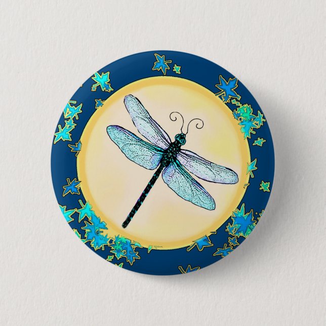 Macaron Rond 5 Cm Bouton Bleu-dragon avec Feuille (Devant)