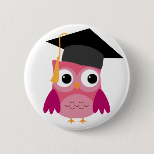 Macaron Rond 5 Cm Bouton Chouette rose avec capuchon de graduation