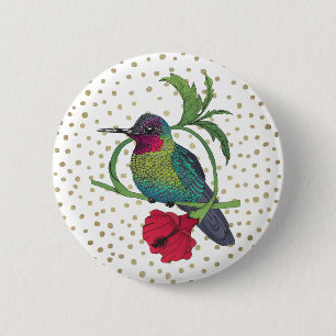 Macaron Rond 5 Cm Bouton Colibri Bird Illustration Gold Bronze Dots