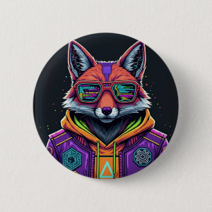 Macaron Rond 5 Cm Bouton Cyber Fox – Art animalier Streetwear Néon