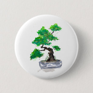Macaron Rond 5 Cm Bouton d'aquarelle Green Bonsai