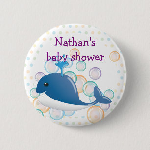 Macaron Rond 5 Cm Bouton de baleine bleue, bouton de baby shower