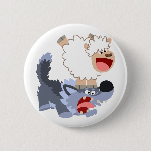 Macaron Rond 5 Cm Bouton de caricature jouant mignon mouton et loup  (Devant)