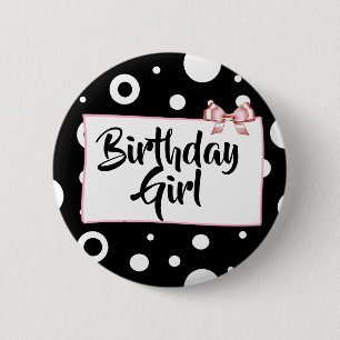 Macaron Rond 5 Cm Bouton de fille d'anniversaire Bow noir, blanc et 