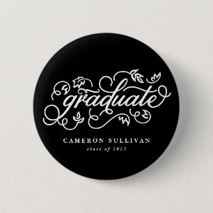 Macaron Rond 5 Cm Bouton de Graduation de script floral noir Whimsic