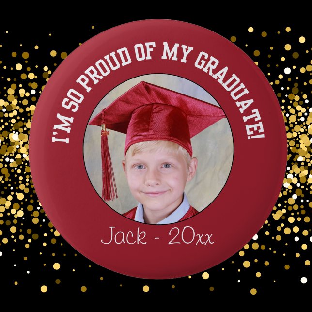 Macaron Rond 5 Cm Bouton de graduation Fière - Rouge (Photo Graduation Proud Parent / Grandparent Button. Celebrate the occasion. )