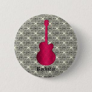 Macaron Rond 5 Cm Bouton de guitare Rockstar Damask, Magenta