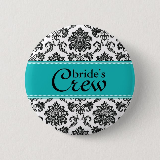 Macaron Rond 5 Cm Bouton de l'équipage de la mariée turquoise Damask (Devant)